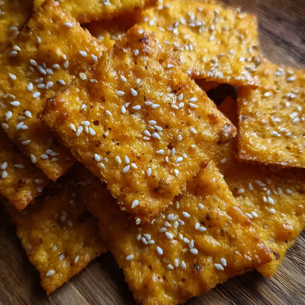 A rustic plate piled high with cheese crackers next to a small bowl of soup for dipping