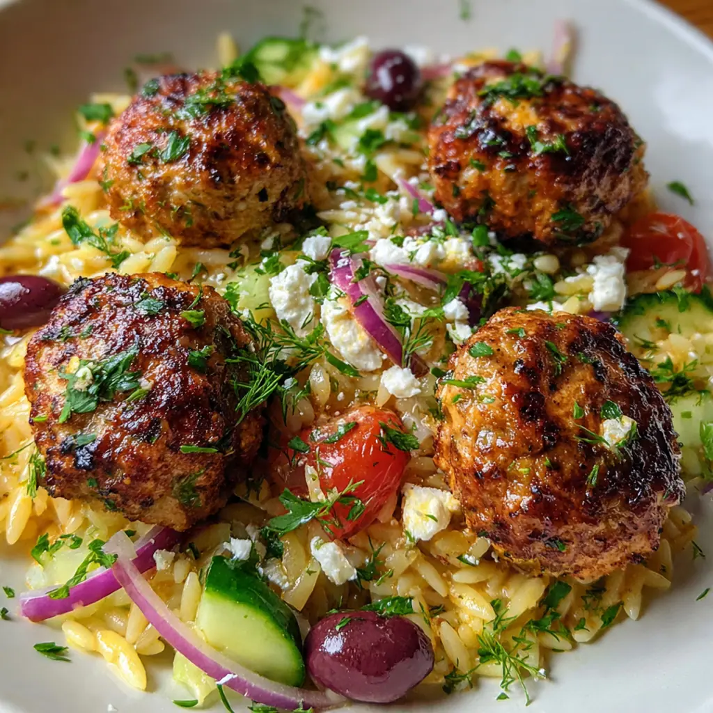 A rustic one-pan meal of Greek meatballs and orzo topped with crumbled feta and parsley