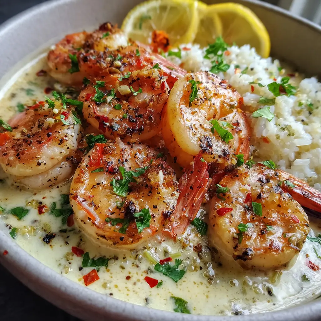 Close-up of succulent pink shrimp coated in a rich, velvety garlic butter sauce with flecks of parsley