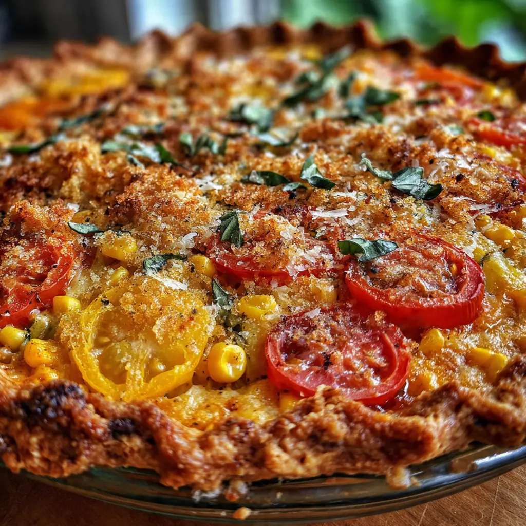 A whole tomato corn pie on a rustic table with summer vegetables in the background
