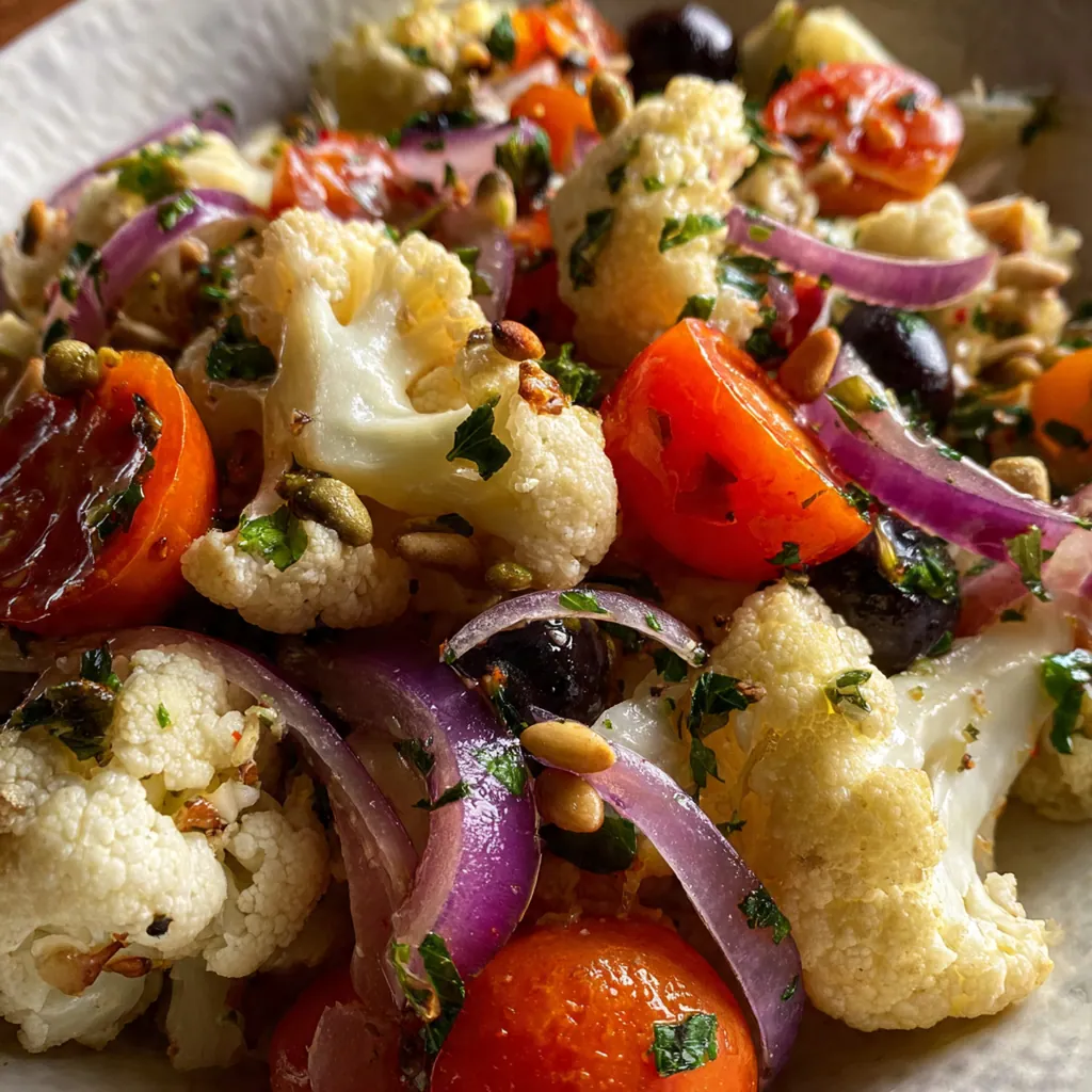 Close-up of roasted cauliflower florets mixed with plump golden raisins, toasted pine nuts, and briny capers