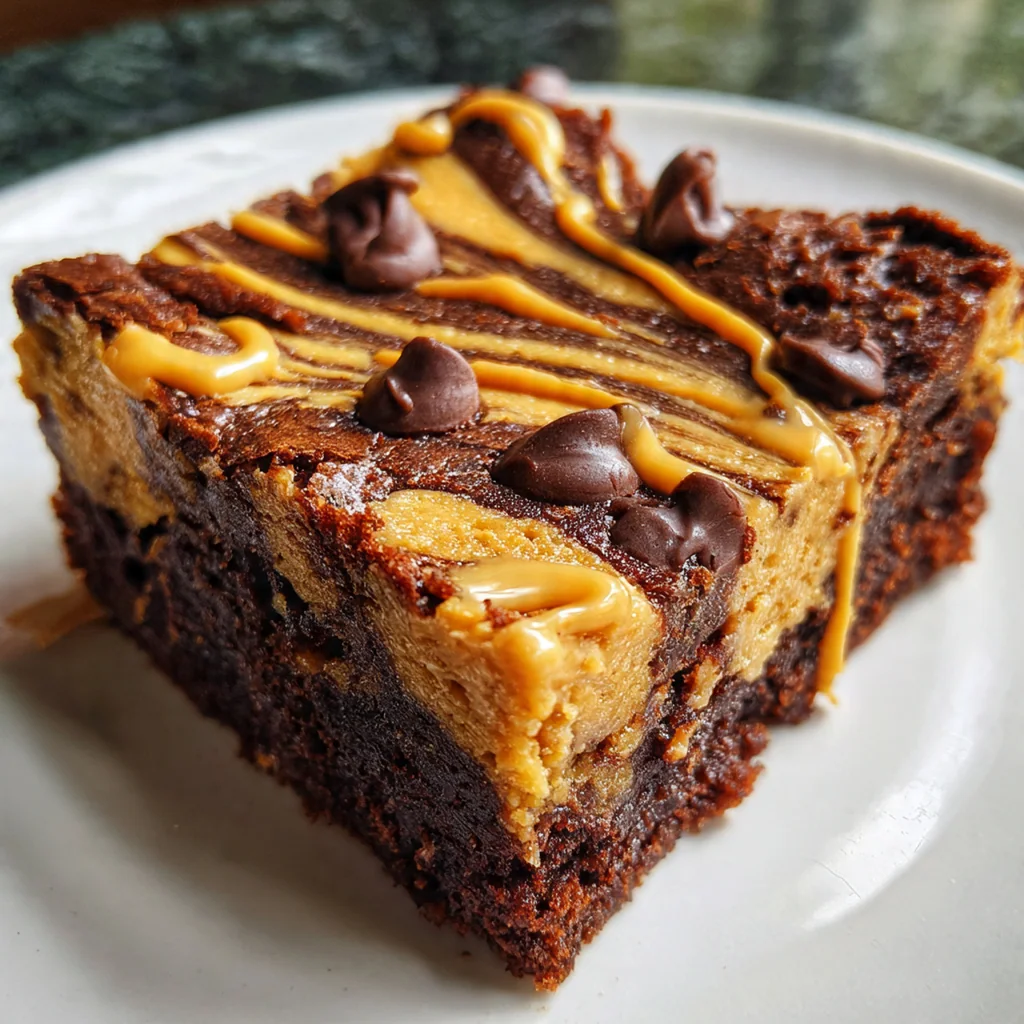 Overhead shot of marbled Peanut Butter Brownie Swirl bars on a wooden cutting board, ready to serve.