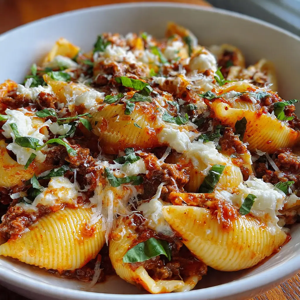 Close-up of a single jumbo pasta shell stuffed with savory beef and creamy cheese filling