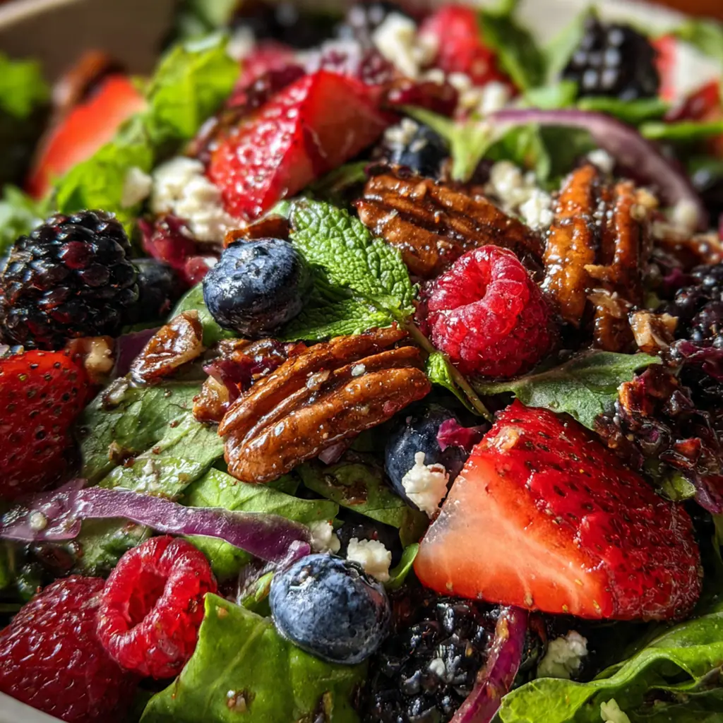 Close-up of the creamy vanilla base with strawberries, blueberries, and raspberries glistening in the light