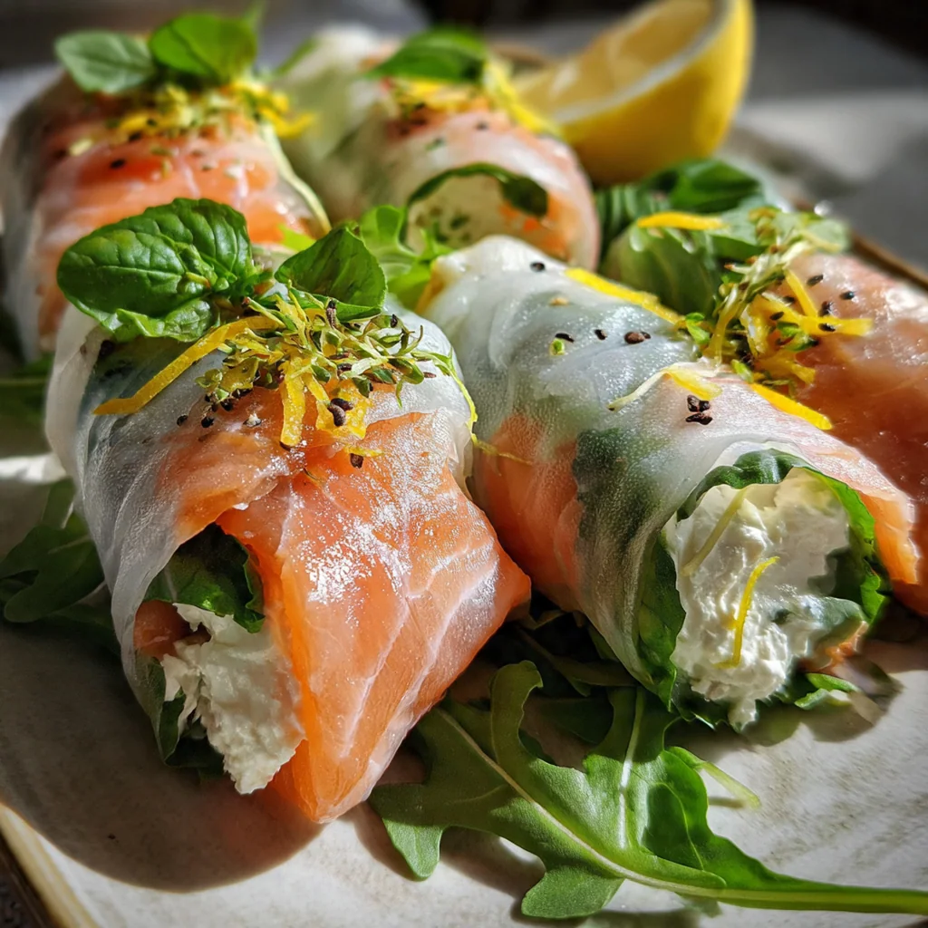A plated dinner with salmon rolls, roasted asparagus, and lemon wedges