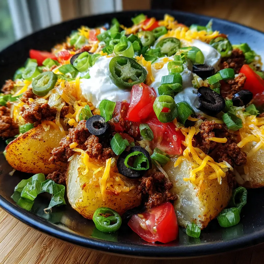 A fully assembled Cheesy Taco Potato topped with fresh lettuce, tomato, cilantro, and a dollop of sour cream