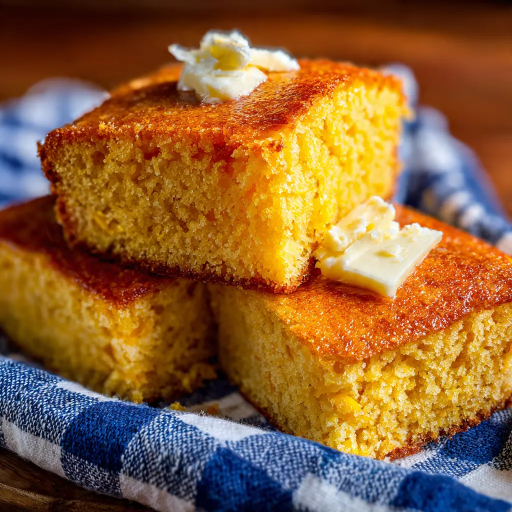 Close-up of a single wedge of cornbread with a moist, tender crumb, steam rising, and a pat of melting honey butter.