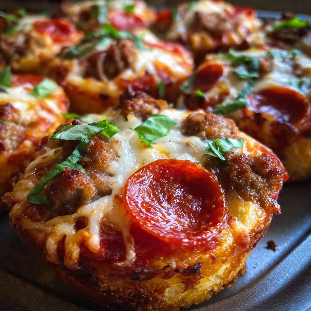 Close-up of a single deep dish pizza cupcake being pulled apart to reveal layers of sauce, sausage, and stretchy melted cheese