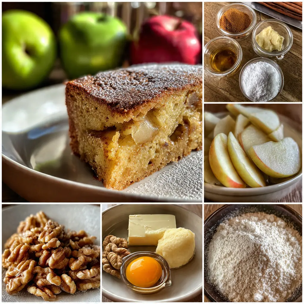 A warm slice of apple cake served on a plate next to a scoop of vanilla ice cream.