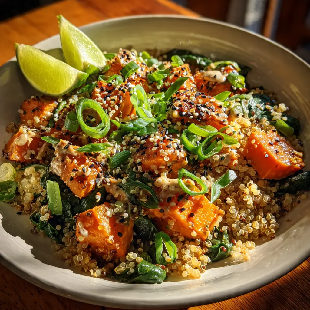 Complete Miso Tahini Sweet Potato Bowl garnished with sliced avocado, green onions, and toasted sesame seeds
