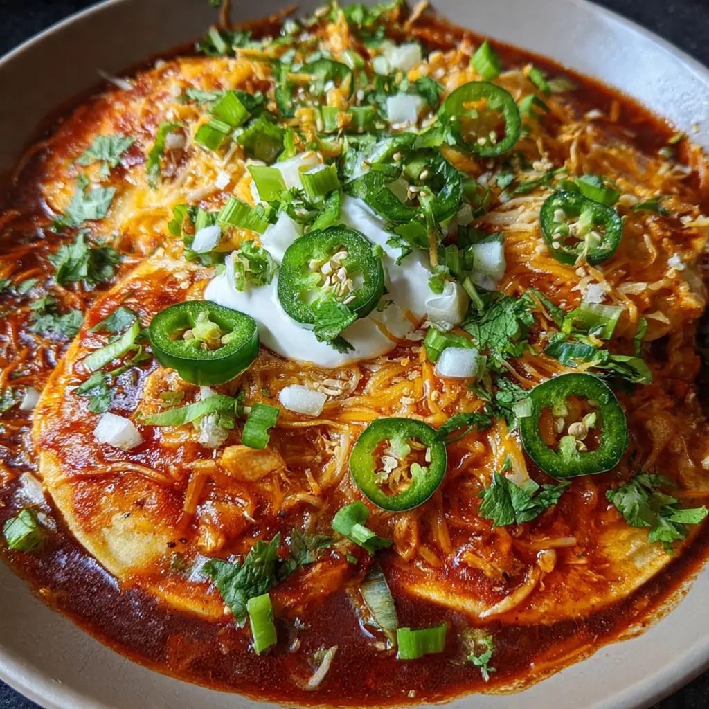 Close-up of soft corn tortillas filled with sharp cheddar and covered in savory red chili gravy
