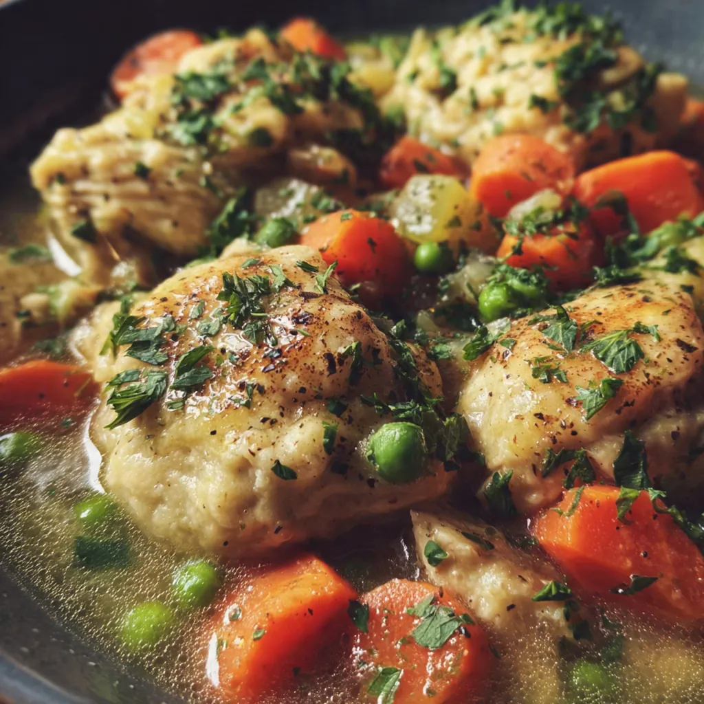 A cozy dinner bowl of chicken and dumplings garnished with fresh parsley on a rustic table