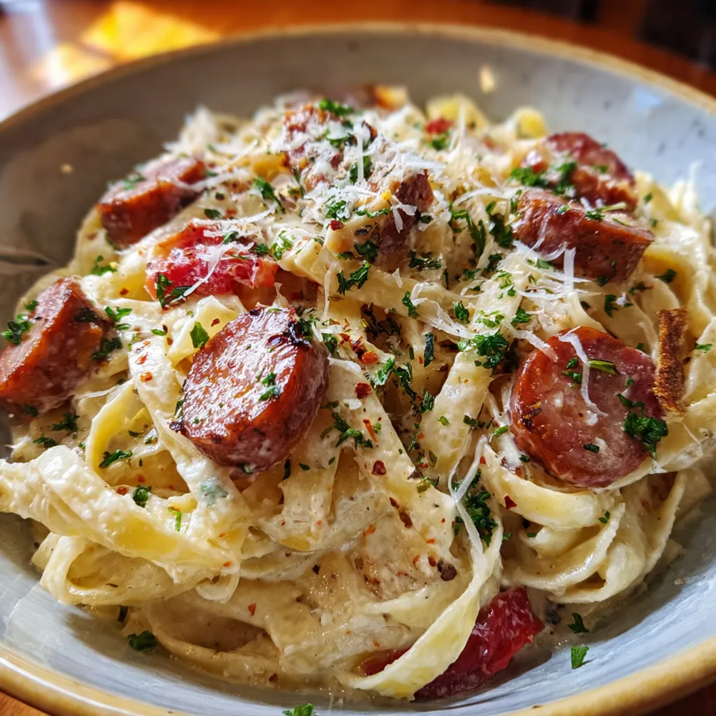 Close-up of fettuccine coated in velvety Alfredo sauce with smoky sausage slices