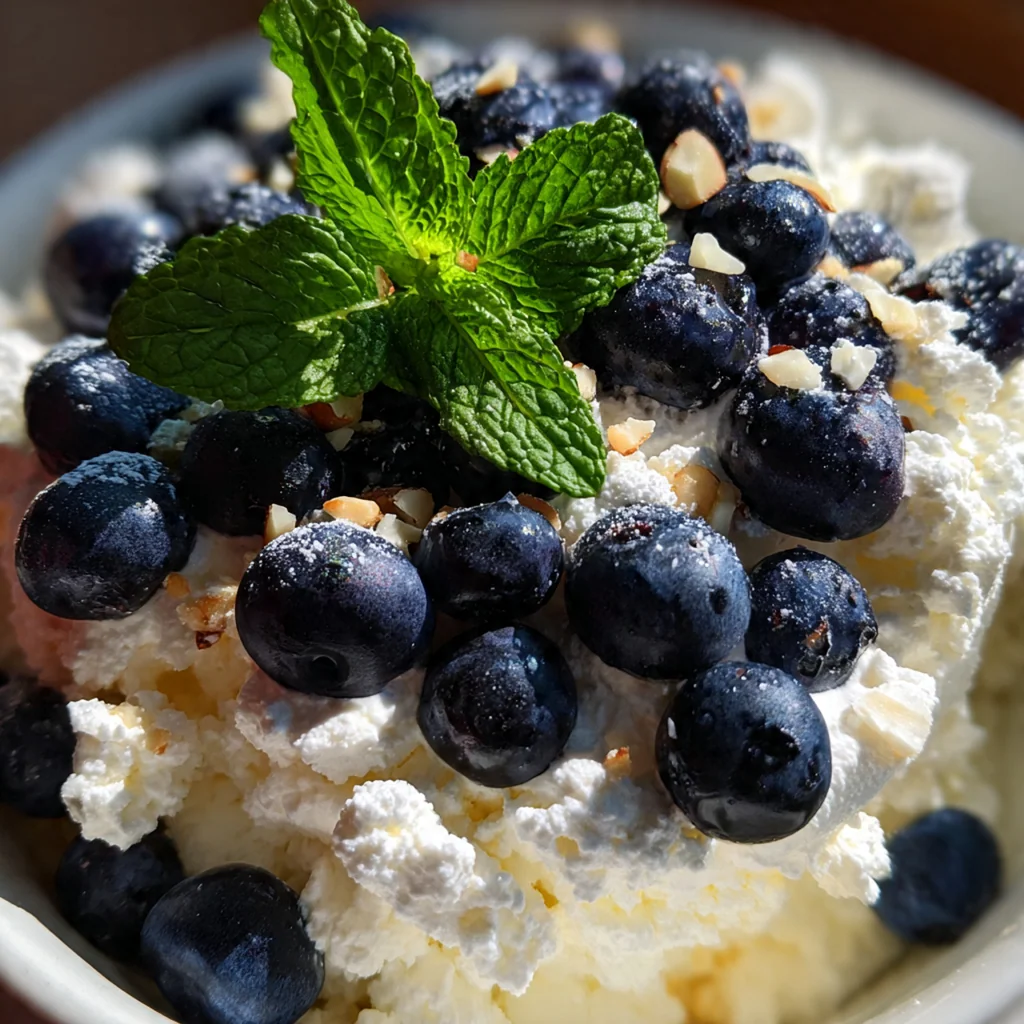 Close-up of the blended cottage cheese texture mixed with juicy blueberries in a white bowl