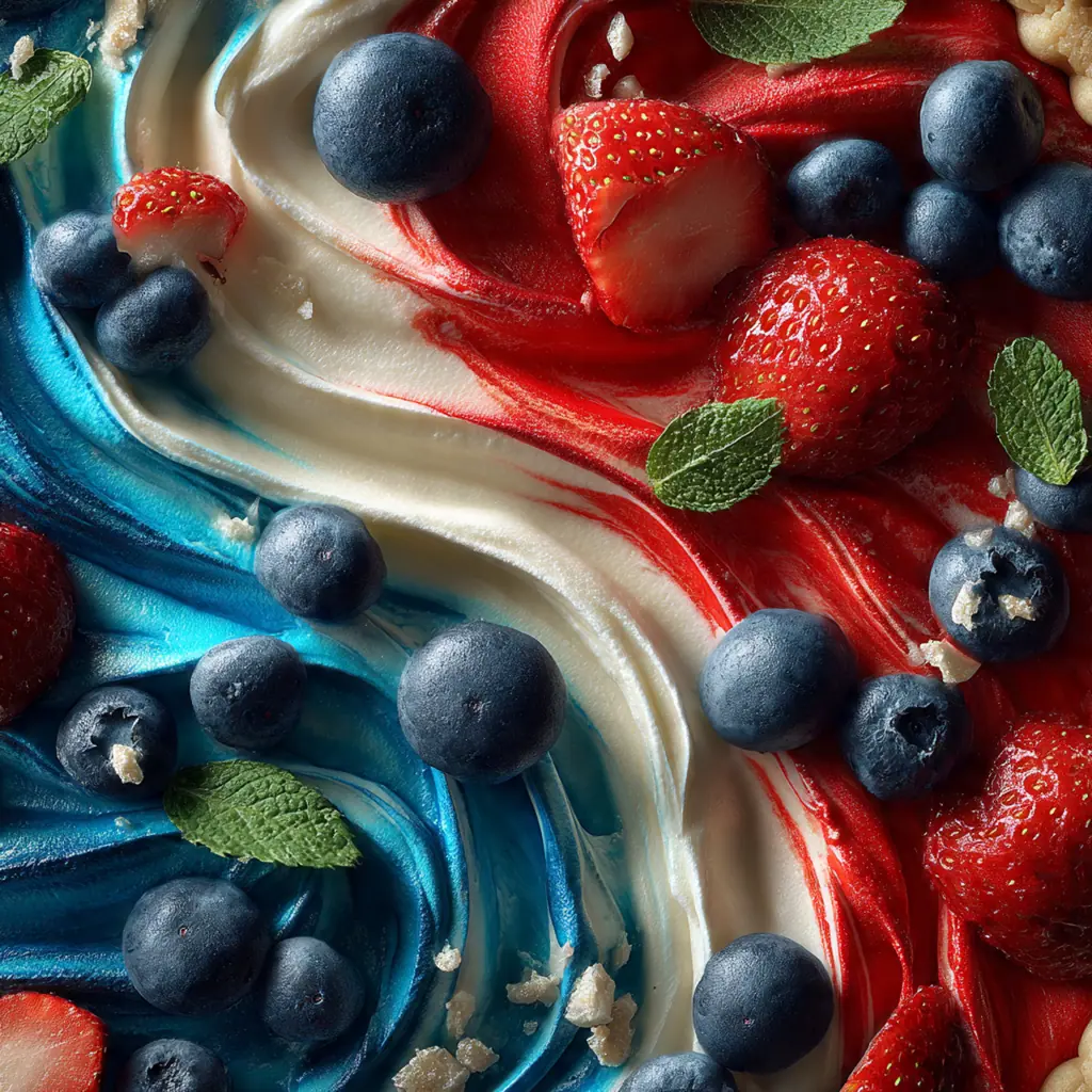 Overhead view of the complete pie with whipped cream and fresh strawberries and blueberries on top.