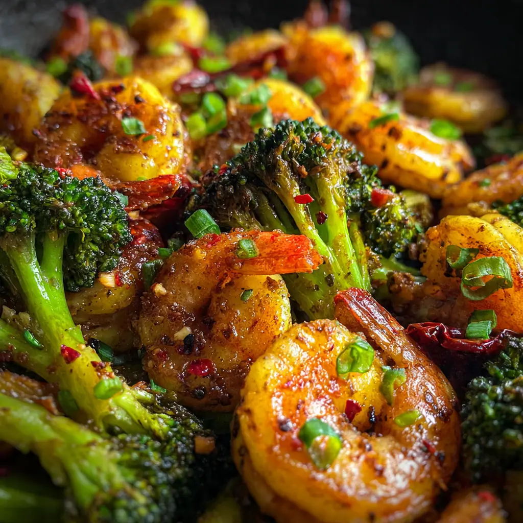Overhead shot of vibrant green broccoli and pink shrimp tossed in a dark, shiny honey garlic sauce.