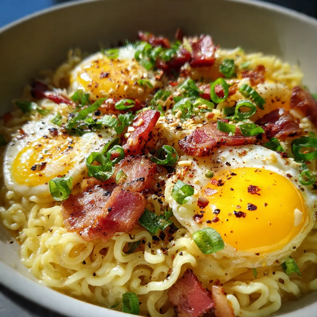 Close-up view of twirled ramen noodles coated in glossy egg and Parmesan sauce