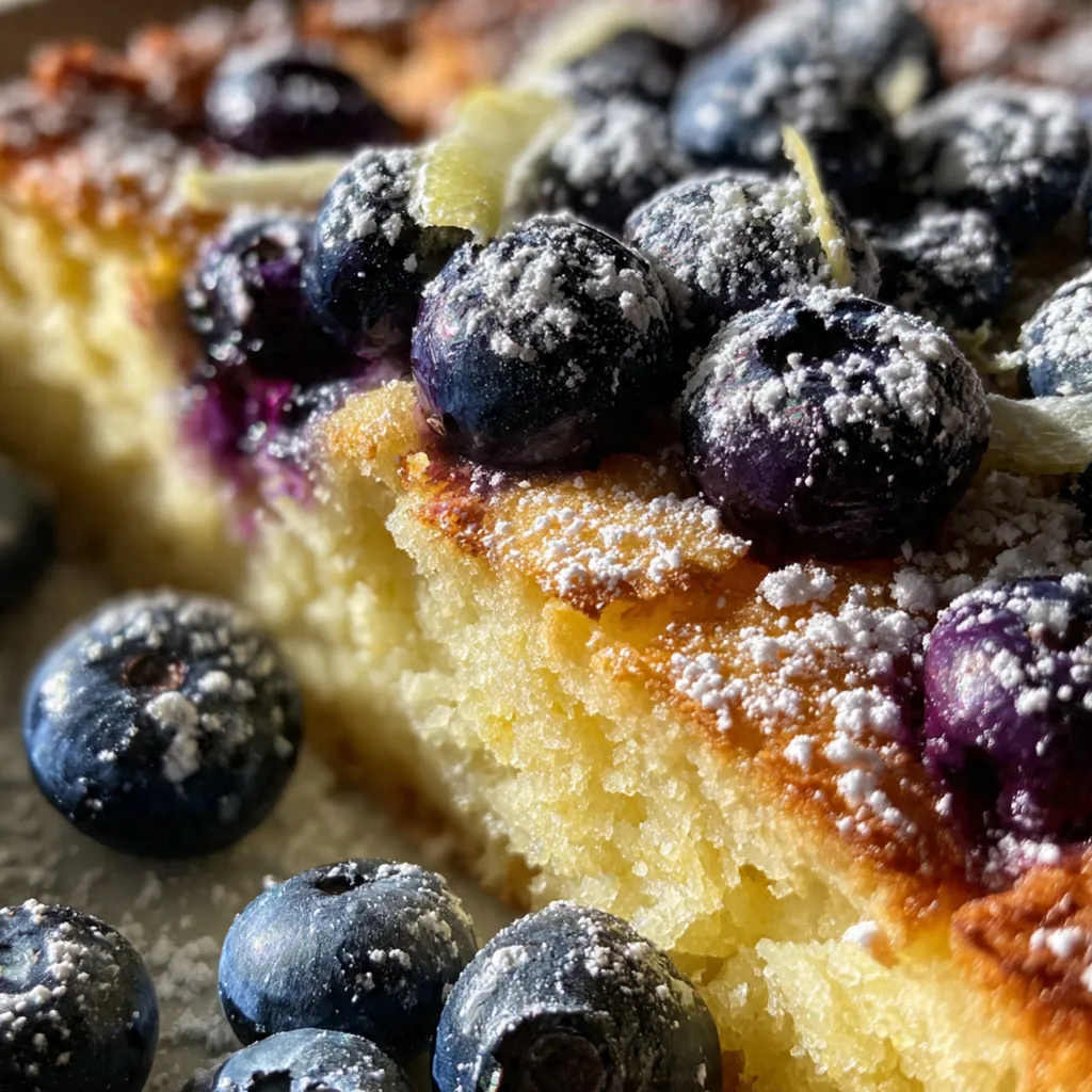 The finished cake on a stand garnished with fresh blueberries, lemon zest, and mint