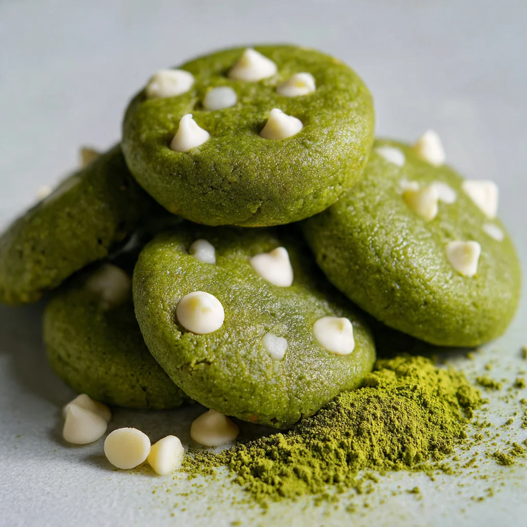 Freshly baked matcha cookies dusted with extra powder and drizzled with white chocolate