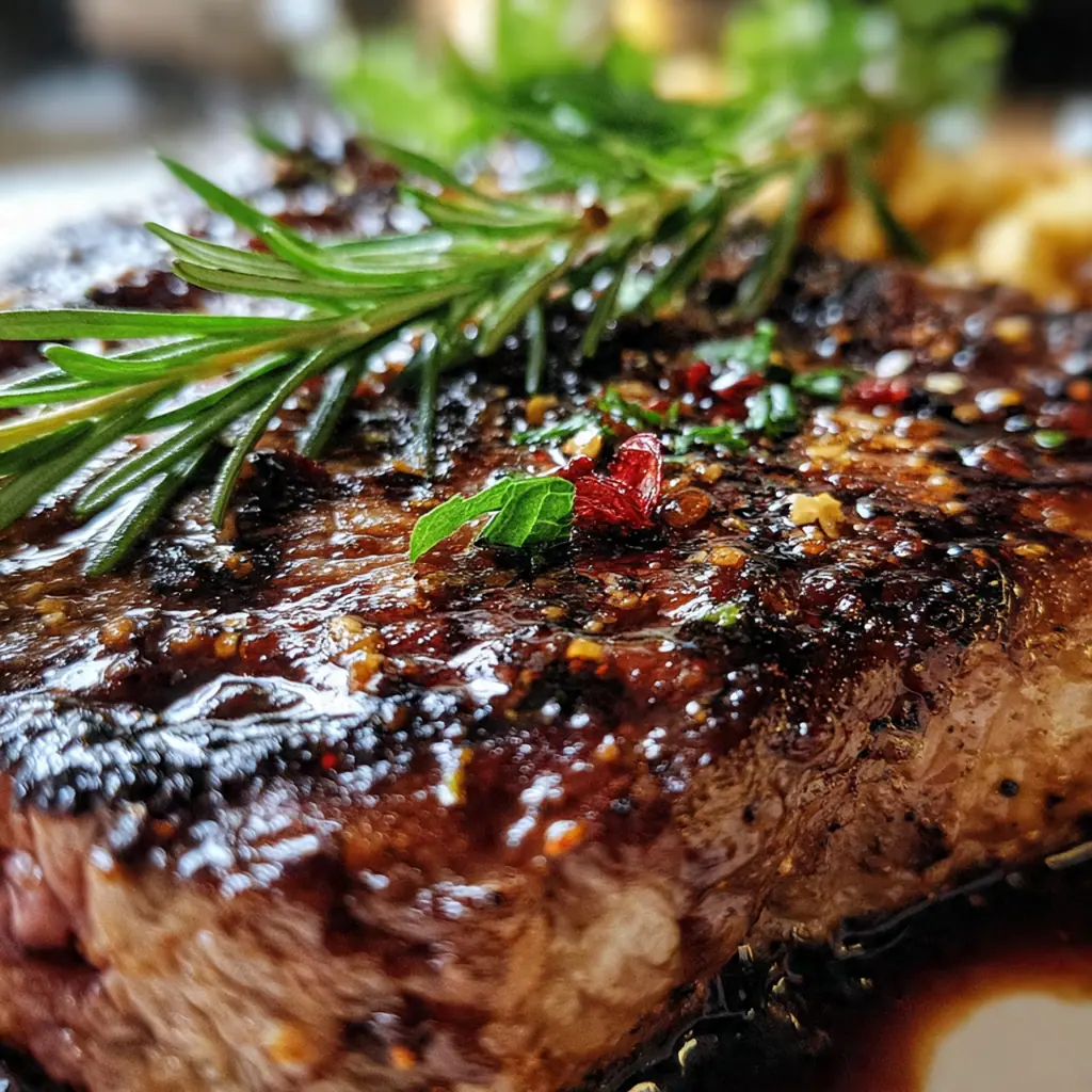 Close-up of a cast iron skillet with a juicy ribeye steak bathing in a sticky bourbon garlic glaze