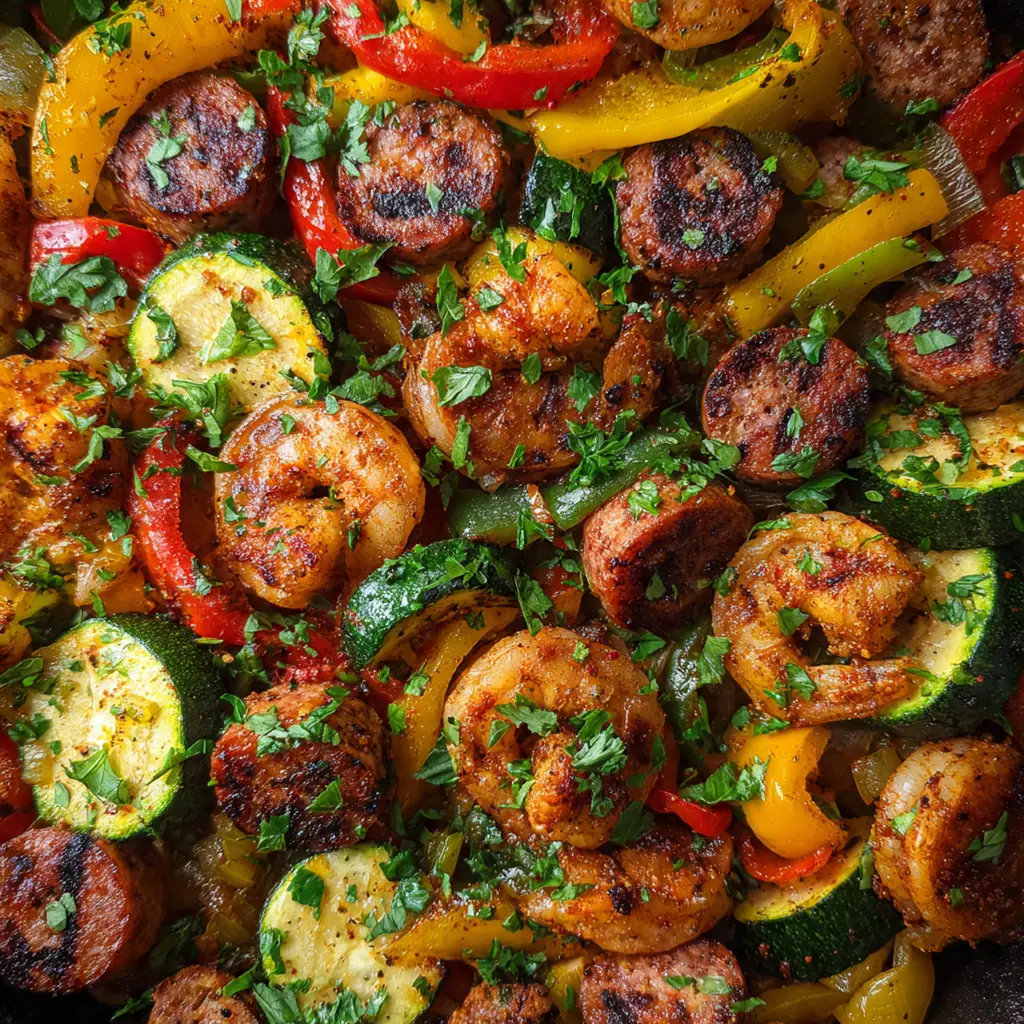 Close-up of juicy shrimp and sliced andouille sausage nestled with colorful bell peppers and celery