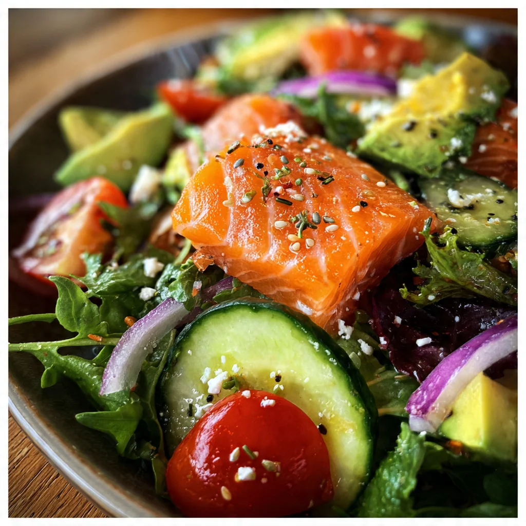 Close-up of a perfectly cooked salmon fillet resting beside creamy avocado and fresh herbs