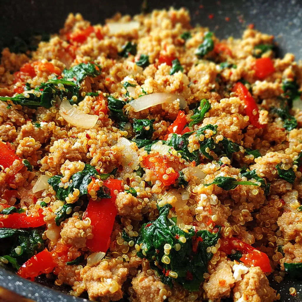 Fluffy turkey quinoa being scooped from the pan with a wooden spoon, showing the perfectly cooked grains and ground turkey