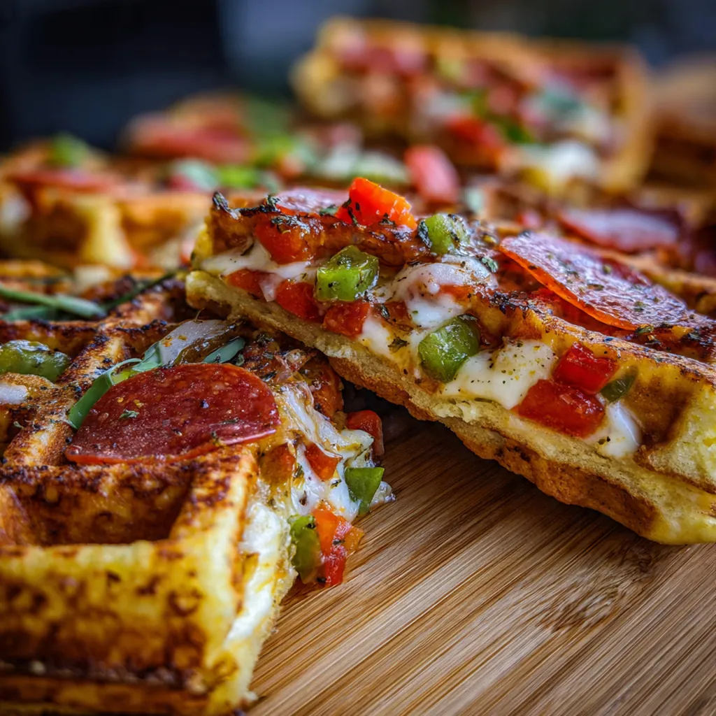 Close-up of a sliced pizza stuffed waffle showing gooey mozzarella and pepperoni inside.