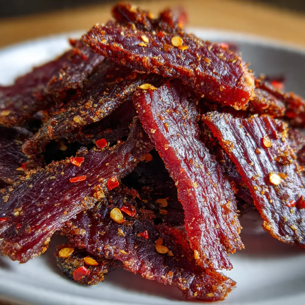 Close-up of savory beef jerky strips with a glossy marinade and black pepper