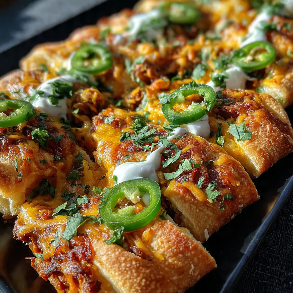 A shareable platter of baked cheesy taco breadsticks arranged around bowls of red salsa and white sour cream for dipping.