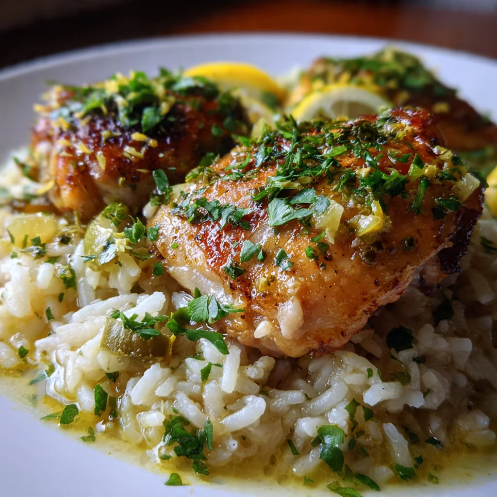 Close-up of the Greek Chicken Lemon Rice showing the juicy chicken and herb-flecked rice grains.