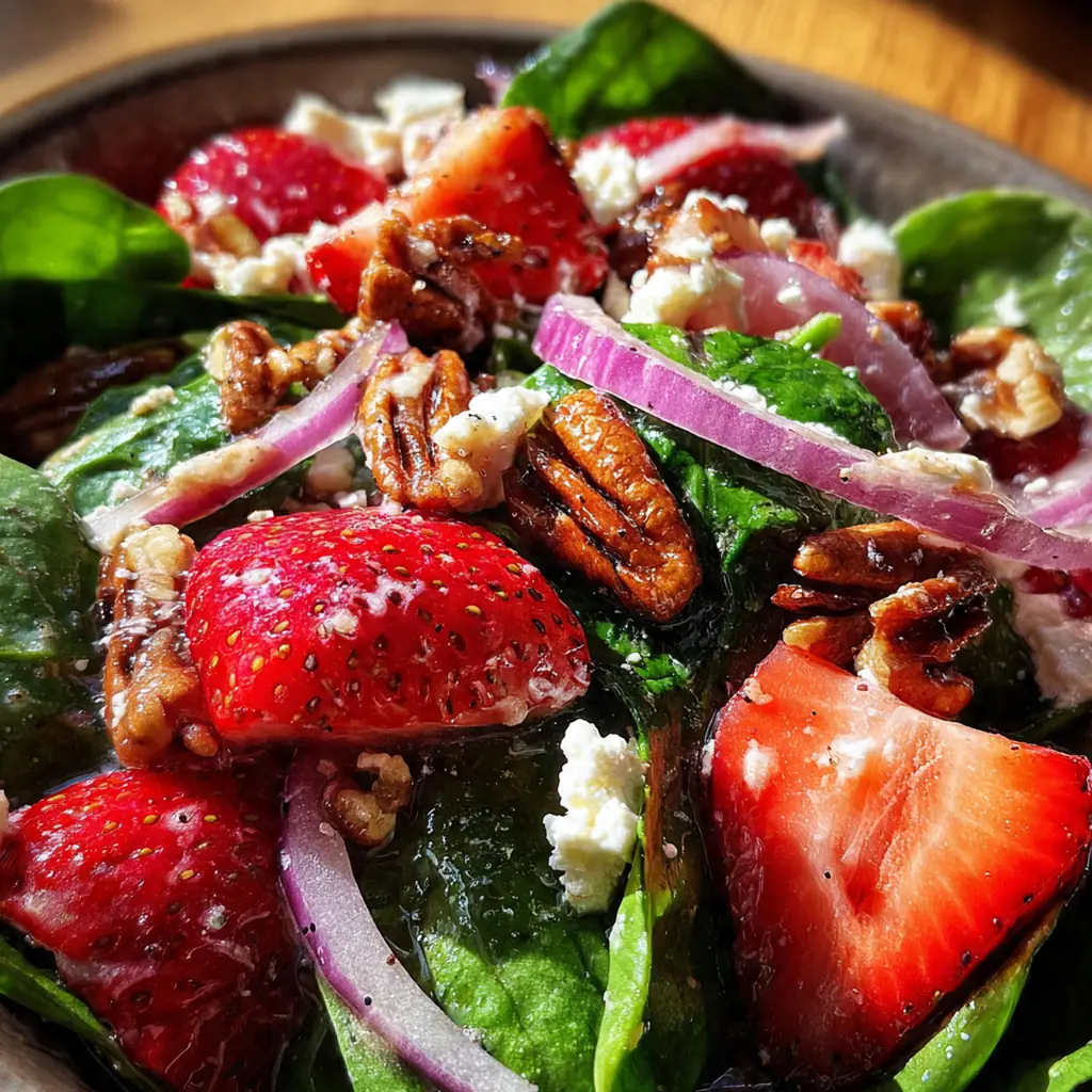 Close-up of homemade balsamic vinaigrette being drizzled over a colorful strawberry spinach salad