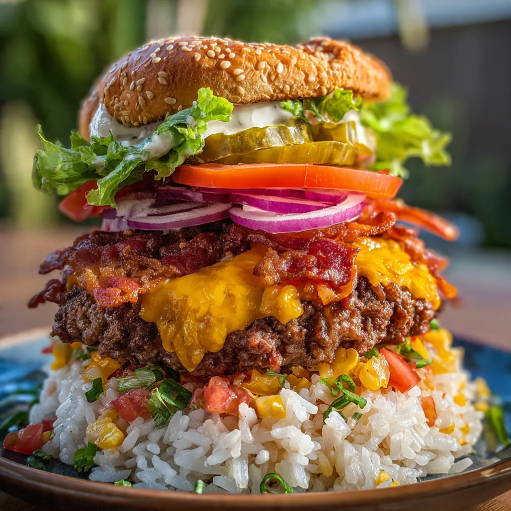 Close-up of a finished stack with melty cheese, crispy bacon, and fresh tomato and pickle toppings