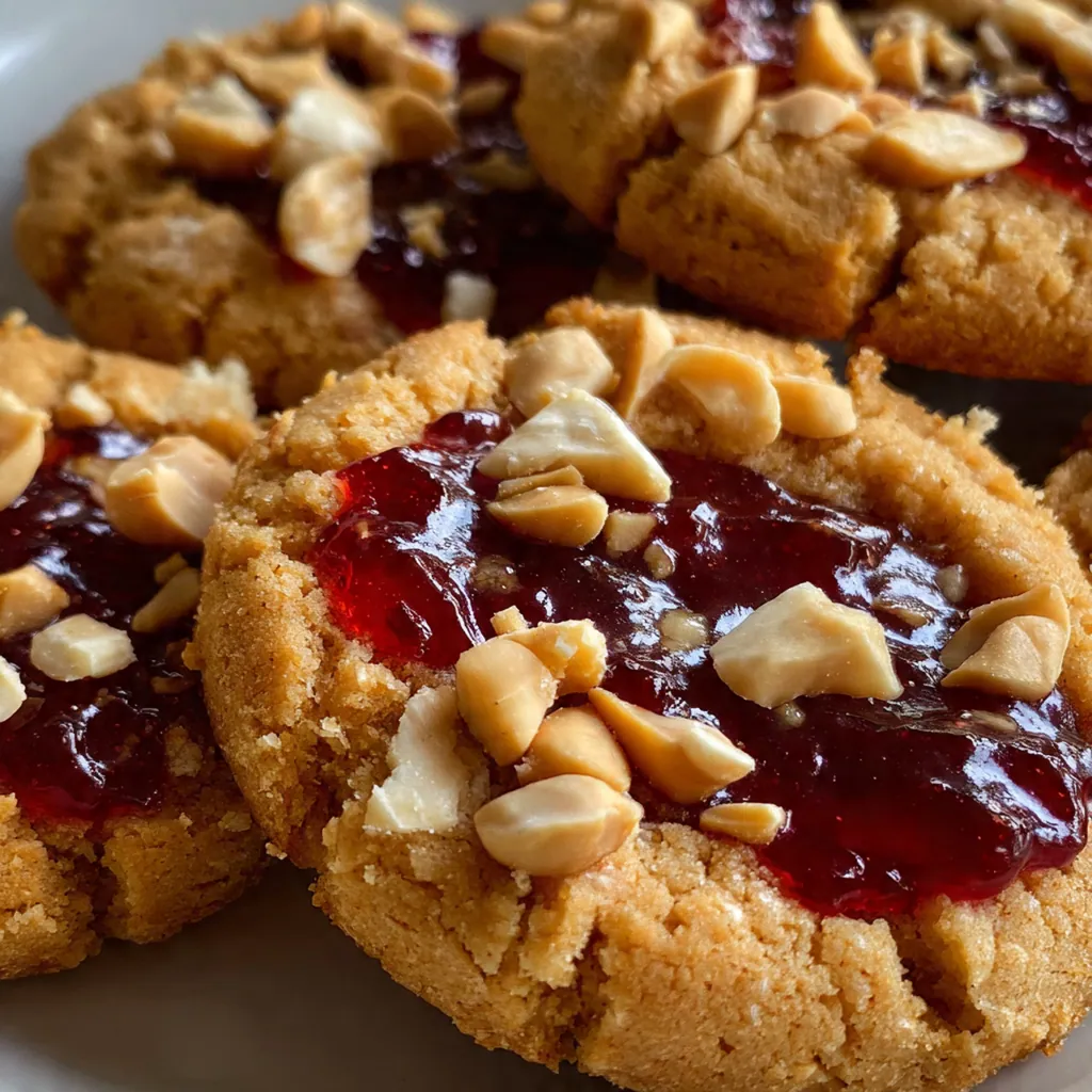 Soft chewy peanut butter cookies topped with sea salt flakes and strawberry jam
