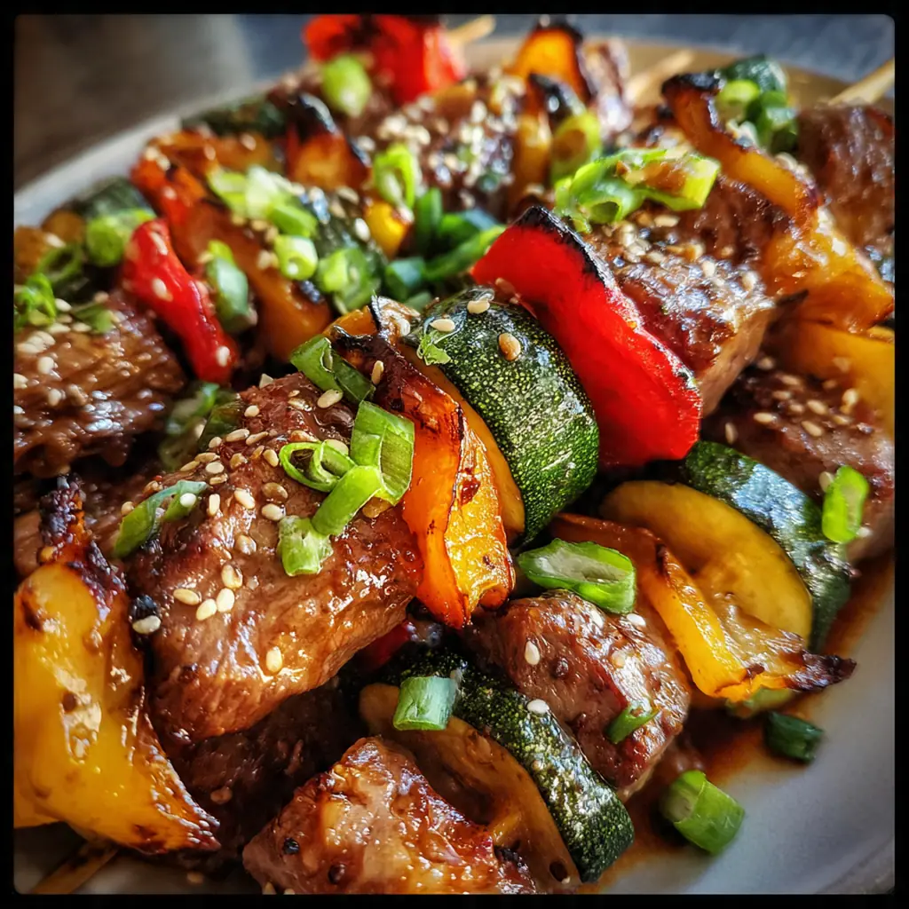 Close-up of caramelized beef cubes on a skewer with toasted sesame seeds and green onions