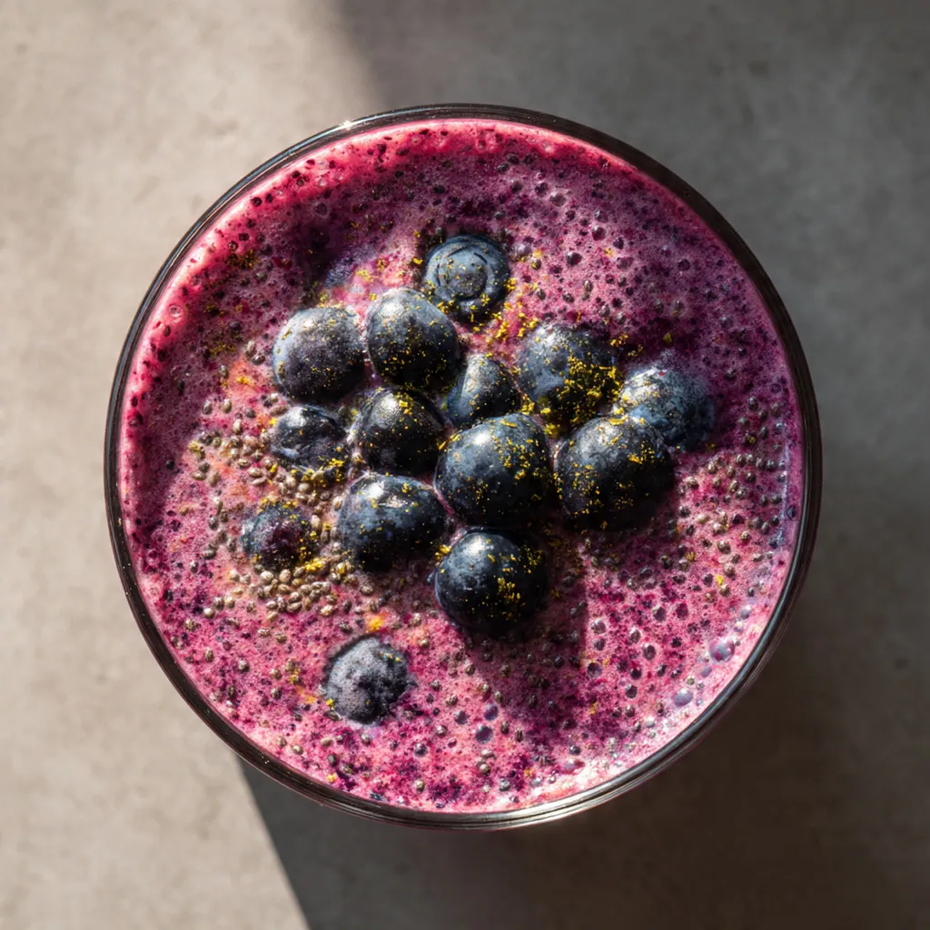 Close-up of the creamy blue juice being poured into a glass over ice cubes