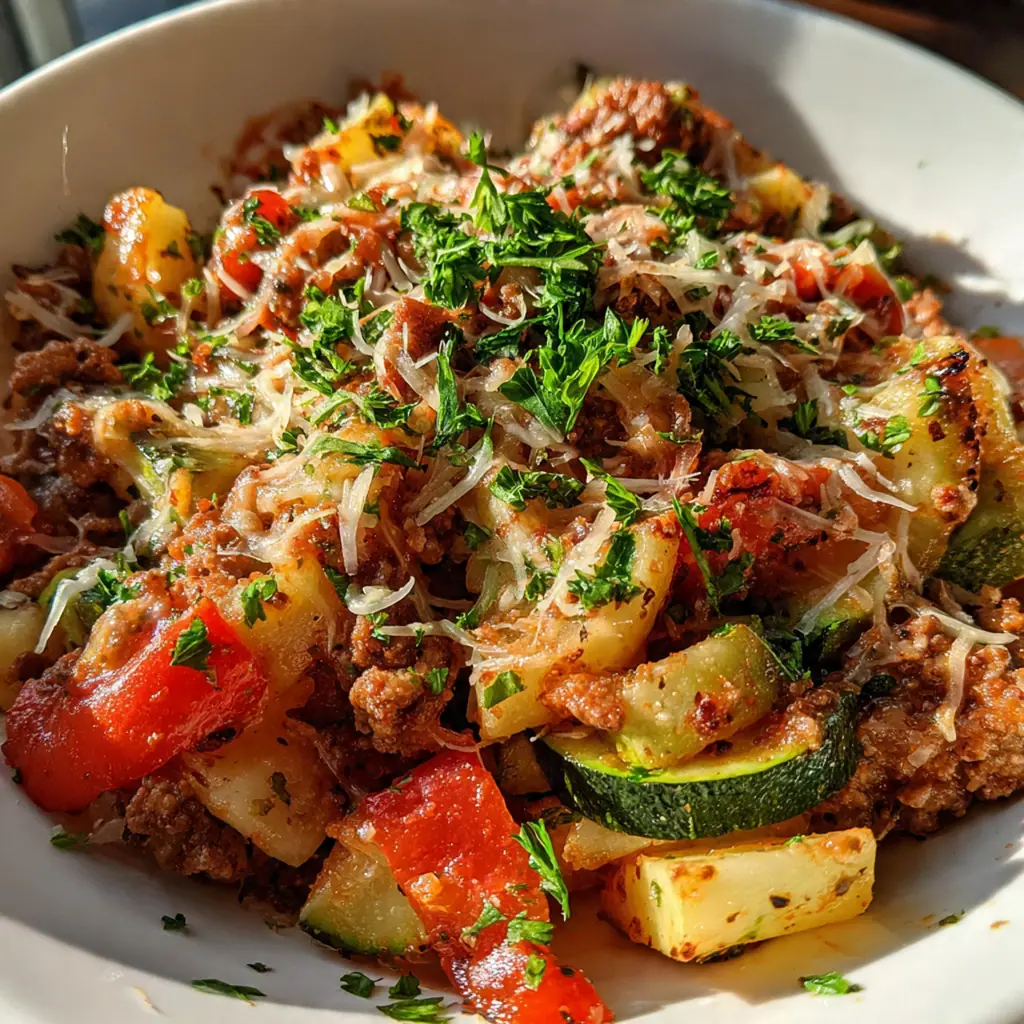 A family-style dinner plate with the casserole next to a green salad and garlic bread