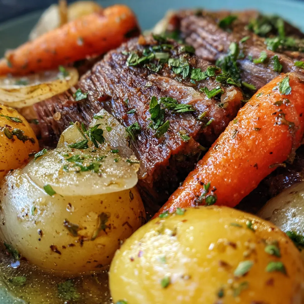 Close-up of a fork pulling apart a perfectly tender piece of beef chuck roast from the slow cooker.