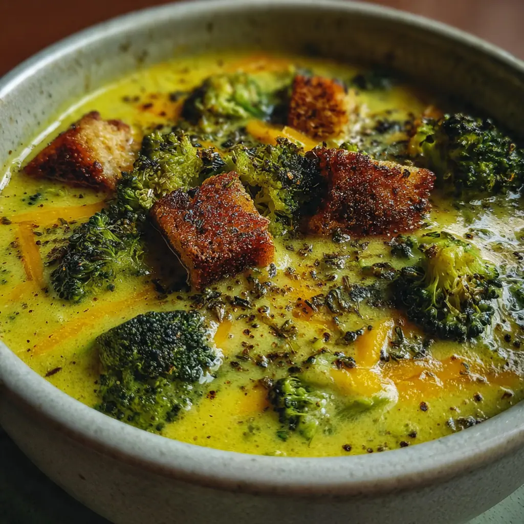 Close-up of a spoon dipping into thick broccoli cheddar soup with melted cheese and carrot pieces