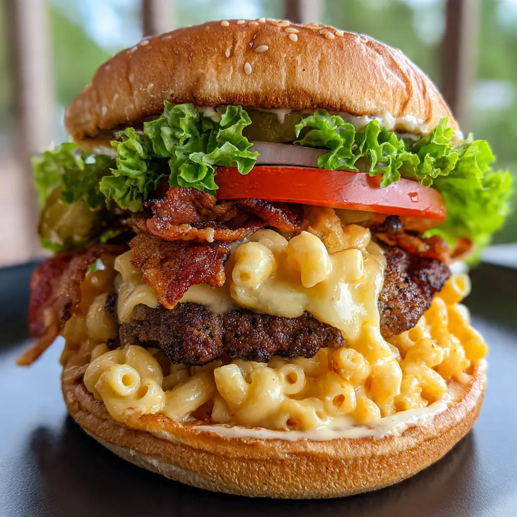 Overhead shot of all the components for a Bacon Mac Cheese Burger laid out on a rustic table