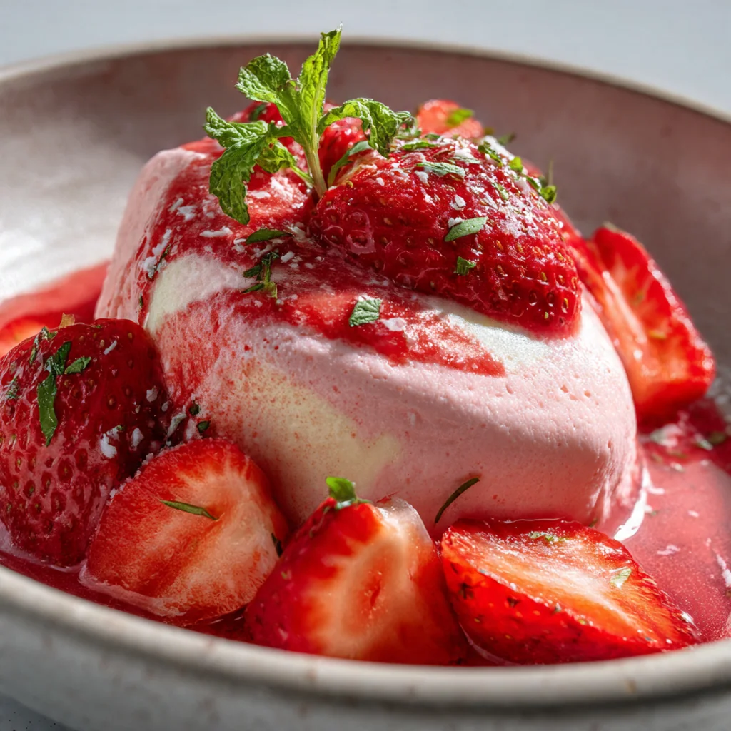A trio of strawberry mousse parfaits garnished with mint leaves and whipped cream