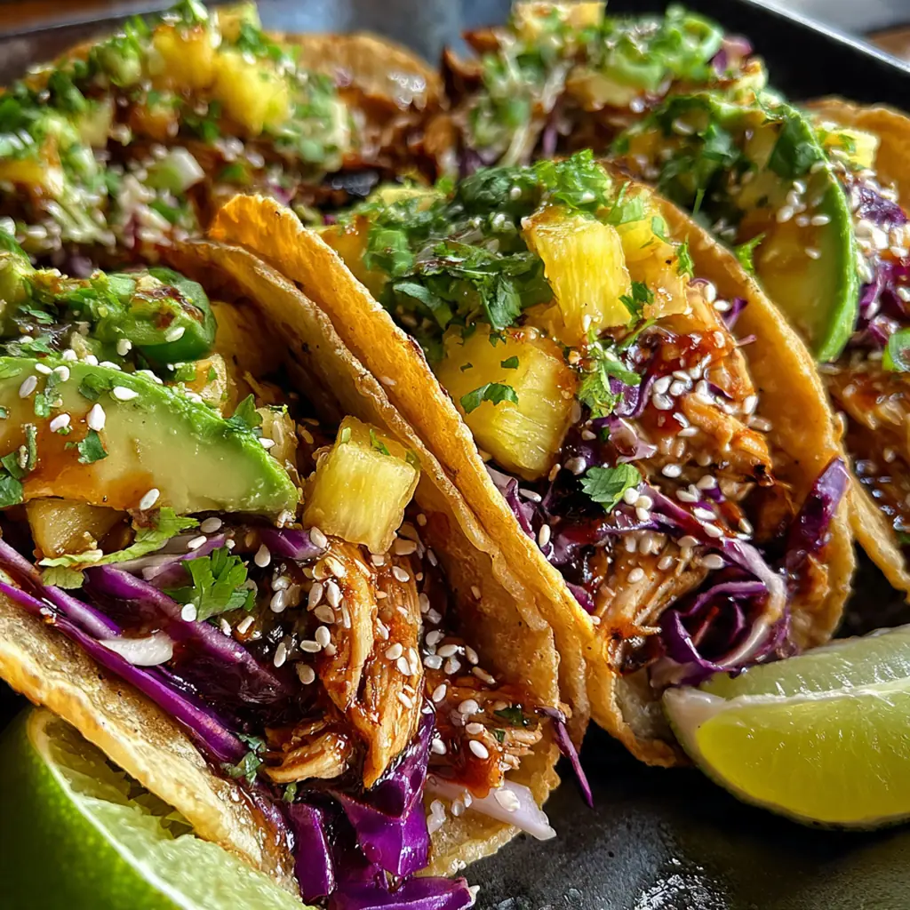 Colorful ingredients for Hawaiian Huli Huli Tacos including fresh pineapple, cabbage, cilantro, and a bowl of the signature sauce.
