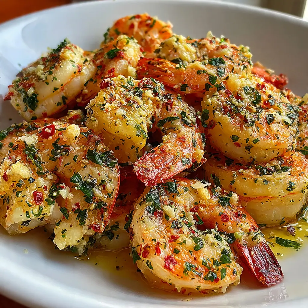 Plated garlic parmesan shrimp served over pasta with a side of crusty bread