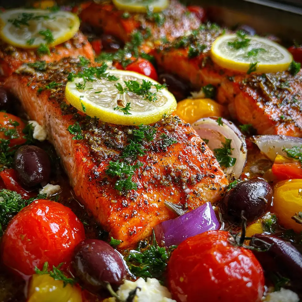 One pan Mediterranean salmon with colorful vegetables still bubbling on the parchment paper