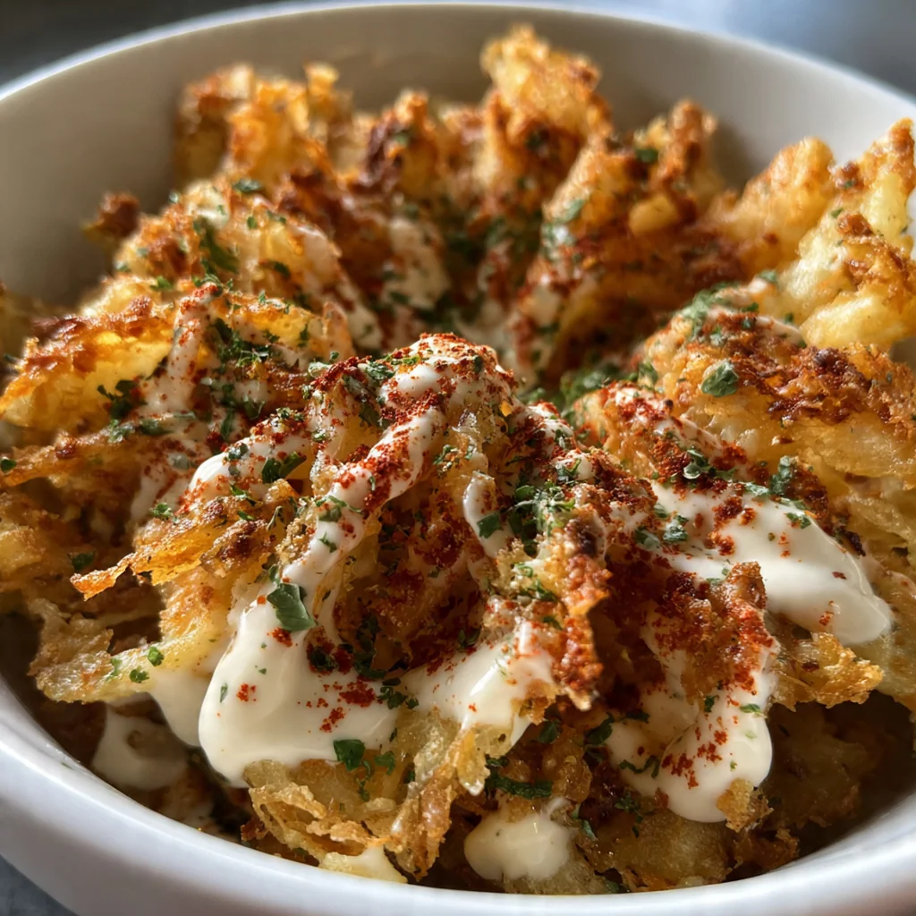 A close-up shot of the blooming onion sauce showing its smooth texture and speckles of spice
