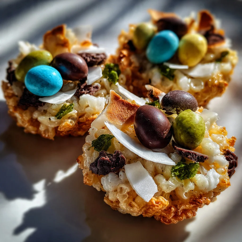 Close-up of a single easter egg nest treat showing the crunchy texture and candy center