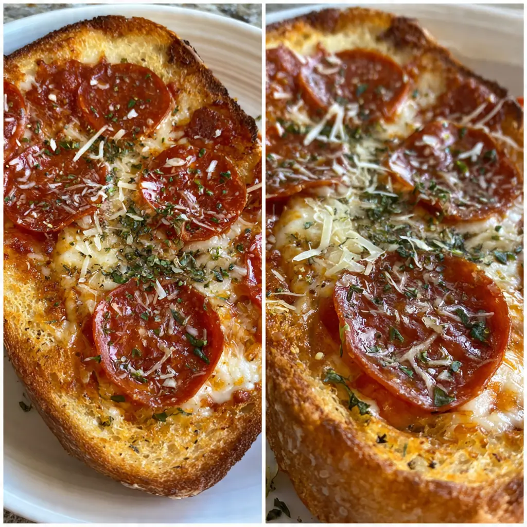 Close-up of a slice of Texas Toast pizza showing the layered cheese and veggies