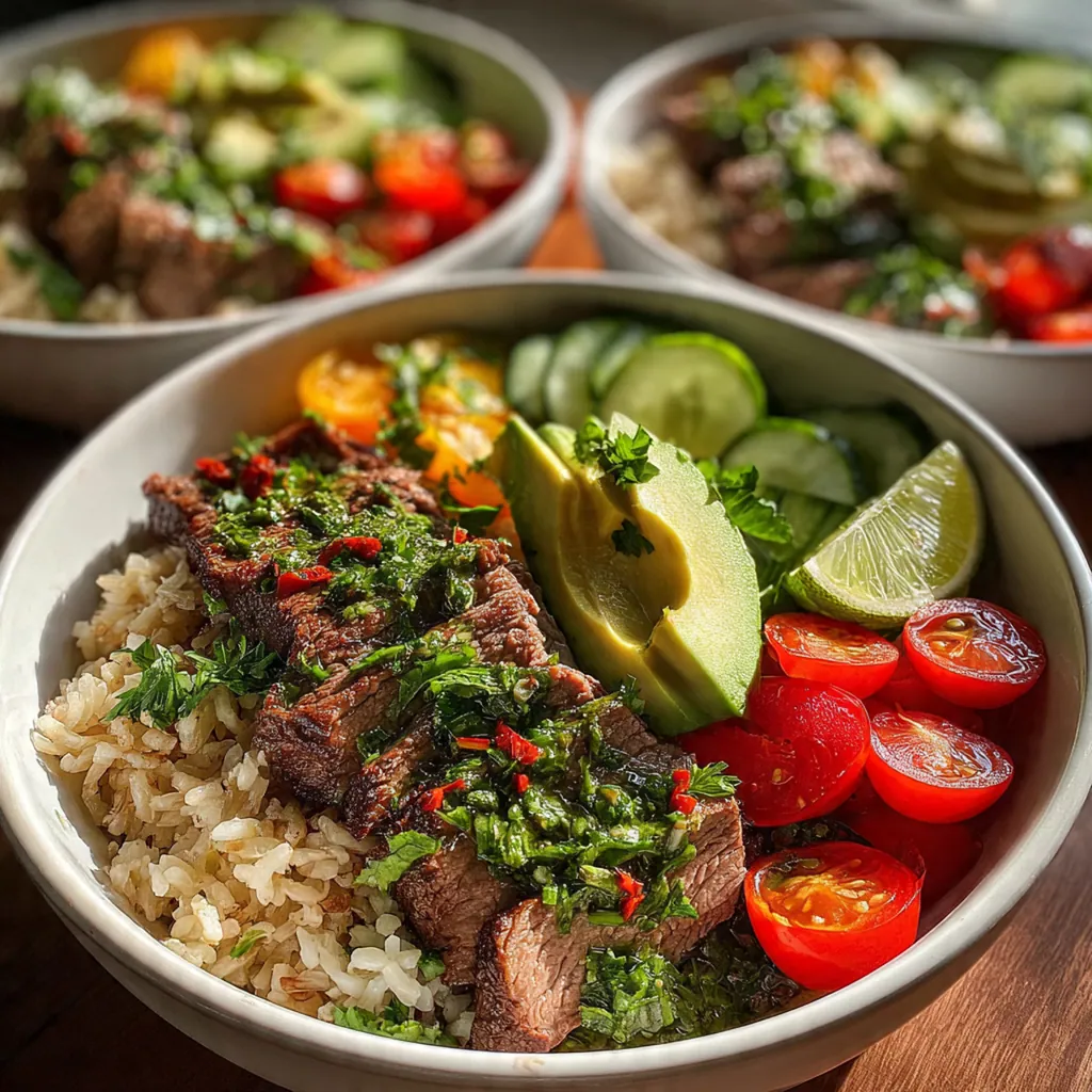 Close-up of sliced flank steak glistening with olive oil and topped with fresh chimichurri.