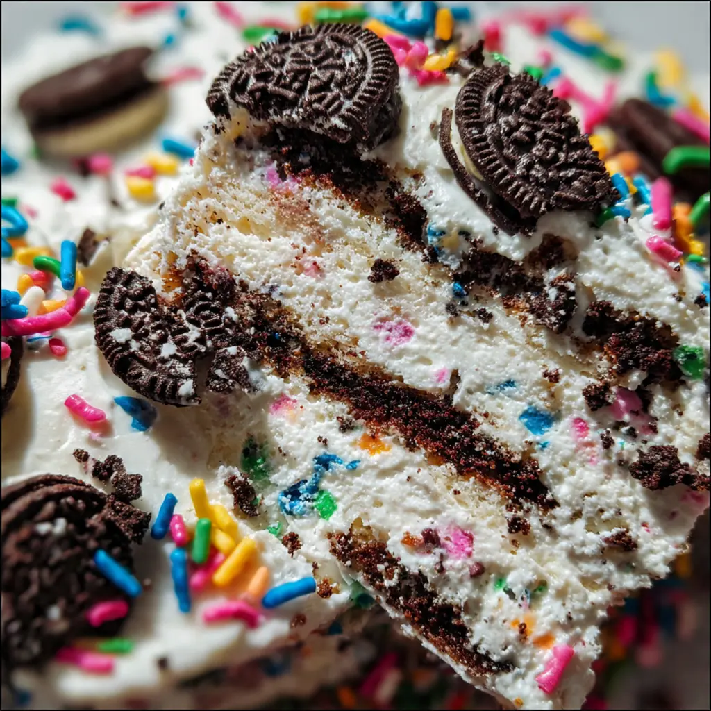 Overhead shot of the assembled icebox cake in a glass dish ready for the fridge