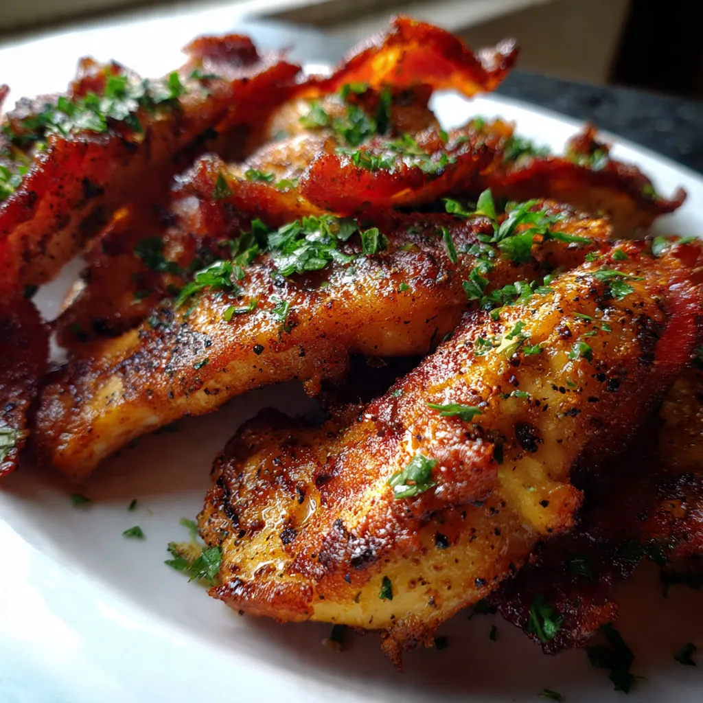 A full baking sheet of golden brown chicken tenders with bits of bacon visible on a wire rack
